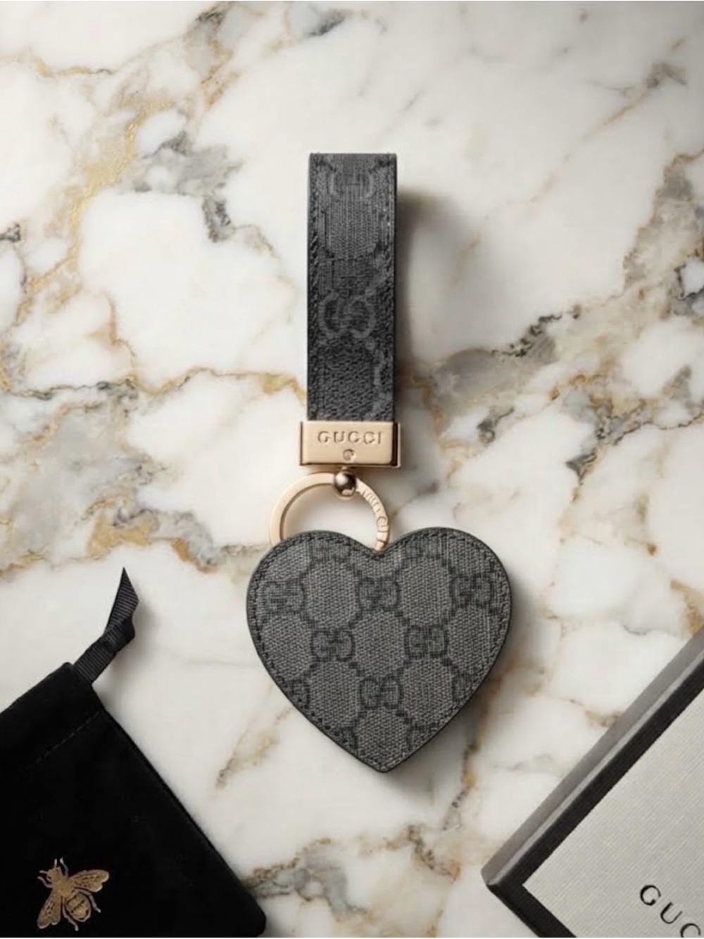 Gray Monogram Heart Keychain with Gold-Tone Ring